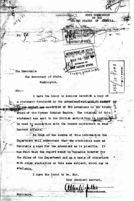 Allen Dulles 1921 letter on Patriarch statistics