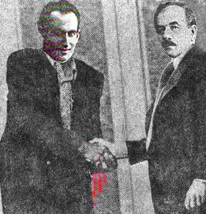 Soghoman Tehlirian "shakes hands" with Armen Garo
