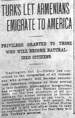 TURKS LET ARMENIANS EMIGRATE <font face="Arial">TO AMERICA