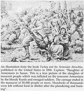 An illustration from the book "Turkey and the Armenian Atrocities, published in the United States in 1896. Caption: "Slaughter of Armenians in Sasun. This is a true picture of the slaughter of innocent people which was inflicted on the innocent Armenians by the bloody Kurds and enraged soldiers. The carnage ended in the massacre of 50,000 people or more. Hundreds of thousands were left without food or shelter after the plundering and burning." (Erich Feigl, The Myth of Terror)