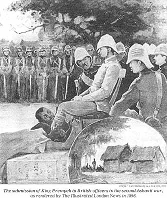 "The submission of King Prempeh to British officers in the second Ashanti war, as rendered by the Illustrated London News in 1896."