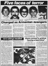 Boston Herald page from 1982, on Armenian terrorists. "Five Faces of Terror"