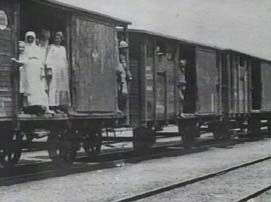 Armenians by railway car, meant to evoke the cattle car imagery of the Holocaust