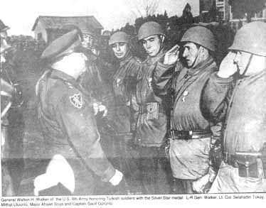 General Walton H. Walker of the US Army greeting Turkish soldiers in Korea