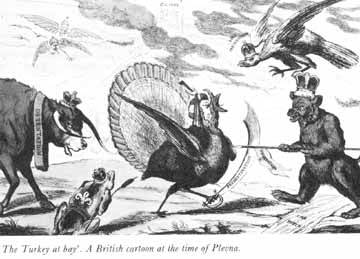 British cartoon regarding Plevna: "The Turkey at Bay."