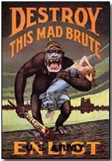 WWI propaganda poster: "Destroy this Mad Brute." A German soldier as a gorilla carrying a fair maiden